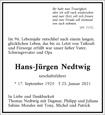 Traueranzeige von Hans-Jürgen Nedtwig von Frankfurter Allgemeine Zeitung