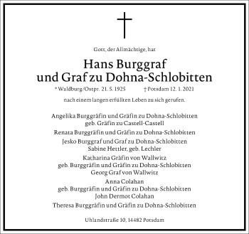 Traueranzeige von Hans zu Dohna-Schlobitten von Frankfurter Allgemeine Zeitung