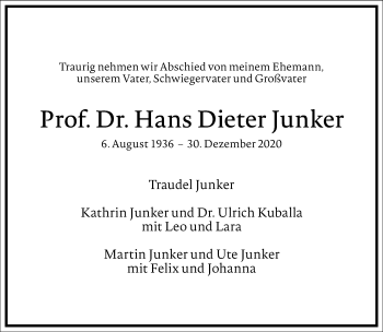 Traueranzeige von Hans Dieter Junker von Frankfurter Allgemeine Zeitung