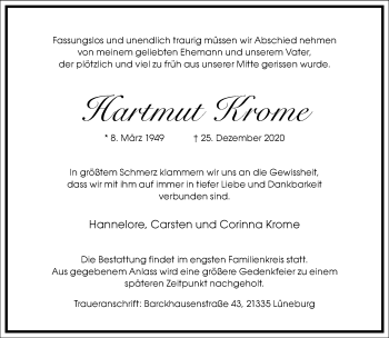 Traueranzeige von Hartmut Krome von Frankfurter Allgemeine Zeitung