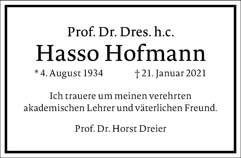 Traueranzeige für Hasso Hofmann vom 30.01.2021 aus Frankfurter Allgemeine Zeitung