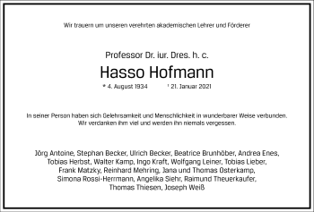 Traueranzeige von Hasso Hofmann von Frankfurter Allgemeine Zeitung