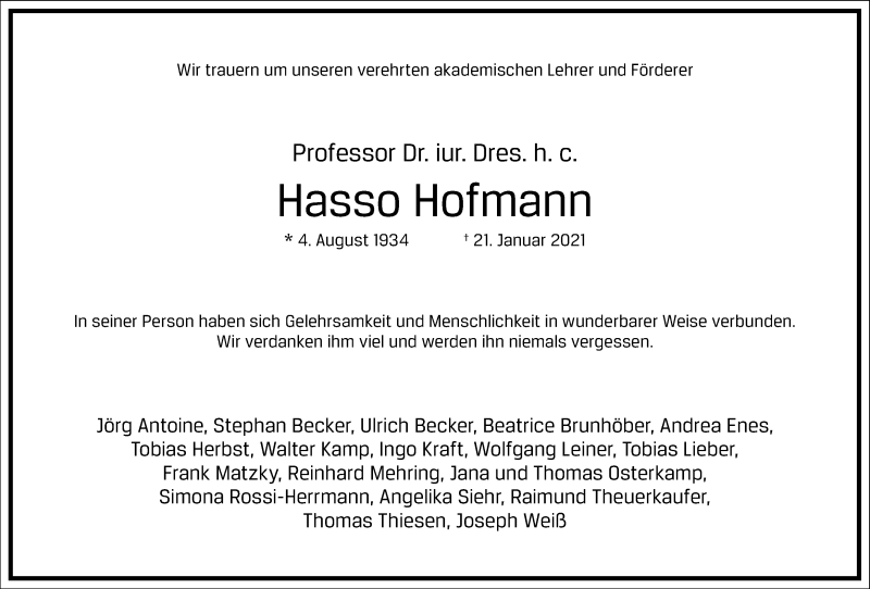  Traueranzeige für Hasso Hofmann vom 30.01.2021 aus Frankfurter Allgemeine Zeitung
