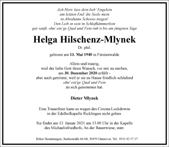 Traueranzeige von Helga Hilschenz-Mlynek von Frankfurter Allgemeine Zeitung