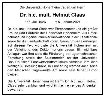 Traueranzeige von Helmut Claas von Frankfurter Allgemeine Zeitung