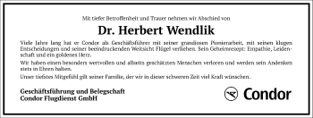 Traueranzeige von Herbert Wendlik von Frankfurter Allgemeine Zeitung