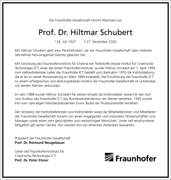 Traueranzeige von Hiltmar Schubert von Frankfurter Allgemeine Zeitung