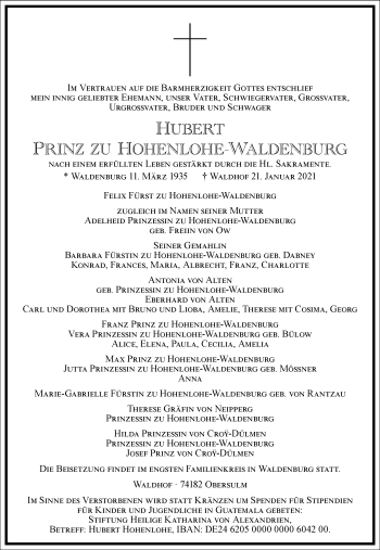 Traueranzeige von Hubert prinz zu Hohenlohe-Waldenburg von Frankfurter Allgemeine Zeitung