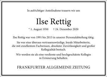 Traueranzeige von Ilse Rettig von Frankfurter Allgemeine Zeitung