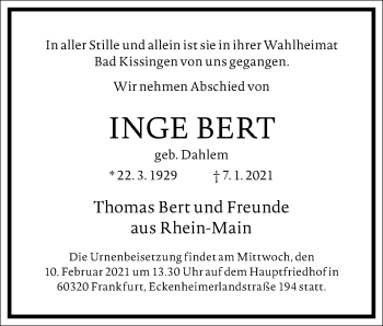 Traueranzeige von Inge Bert von Frankfurter Allgemeine Zeitung