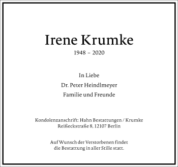 Traueranzeige von Irene Krumke von Frankfurter Allgemeine Zeitung