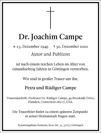 Traueranzeige von Joachim Campe von Frankfurter Allgemeine Zeitung