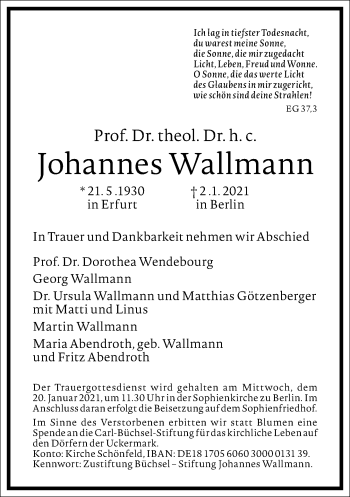 Traueranzeige von Johannes Wallmann von Frankfurter Allgemeine Zeitung