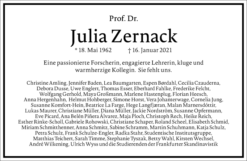  Traueranzeige für Julia Zernack vom 30.01.2021 aus Frankfurter Allgemeine Zeitung
