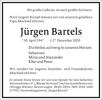 Traueranzeige von Jürgen Bartels von Frankfurter Allgemeine Zeitung