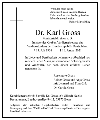 Traueranzeige von Karl Gross von Frankfurter Allgemeine Zeitung