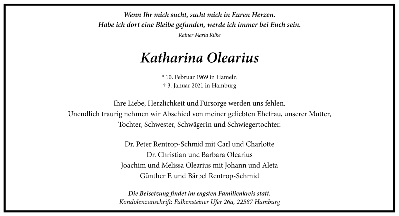  Traueranzeige für Katharina Olearius vom 09.01.2021 aus Frankfurter Allgemeine Zeitung