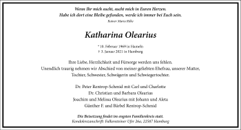 Traueranzeige von Katharina Olearius von Frankfurter Allgemeine Zeitung