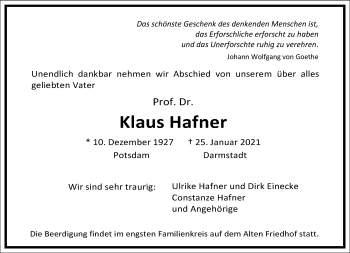 Traueranzeige von Klaus Hafner von Frankfurter Allgemeine Zeitung