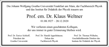 Traueranzeige von Klaus Weltner von Frankfurter Allgemeine Zeitung