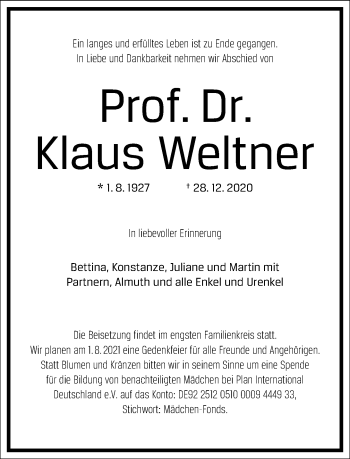 Traueranzeige von Klaus Weltner von Frankfurter Allgemeine Zeitung