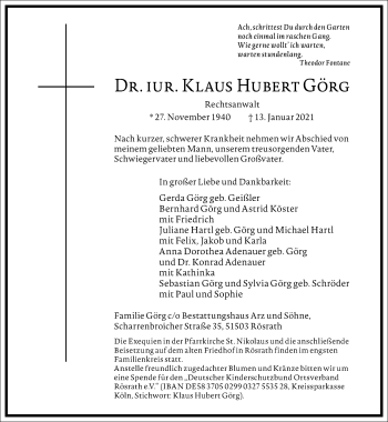 Traueranzeigen Von Klaus Hubert Gorg Frankfurter Allgemeine Lebenswege