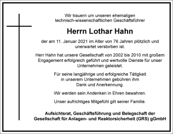 Traueranzeige von Lothar Hahn von Frankfurter Allgemeine Zeitung