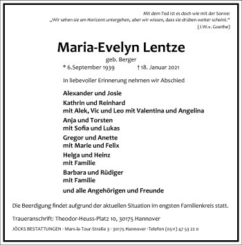 Traueranzeige von Maria-Evelyn Lentze von Frankfurter Allgemeine Zeitung