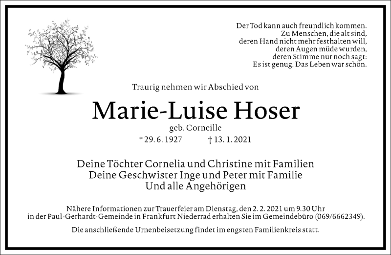  Traueranzeige für Marie-Luise Hoser vom 25.01.2021 aus Frankfurter Allgemeine Zeitung