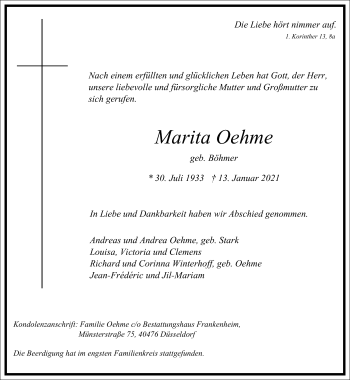 Traueranzeige von Marita Oehme von Frankfurter Allgemeine Zeitung