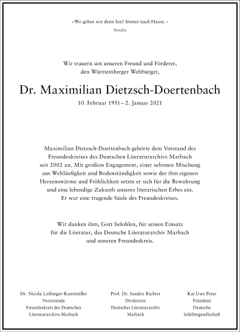 Traueranzeige von Maximilian Dietzsch-Doertenbach von Frankfurter Allgemeine Zeitung