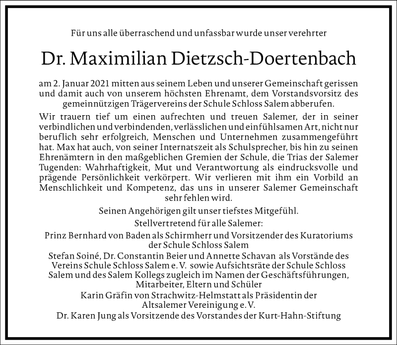  Traueranzeige für Maximilian Dietzsch-Doertenbach vom 09.01.2021 aus Frankfurter Allgemeine Zeitung