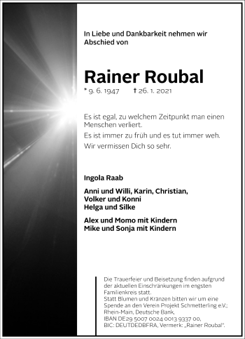 Traueranzeige von Rainer Roubal von Frankfurter Allgemeine Zeitung