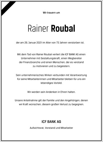 Traueranzeige von Rainer Roubal von Frankfurter Allgemeine Zeitung