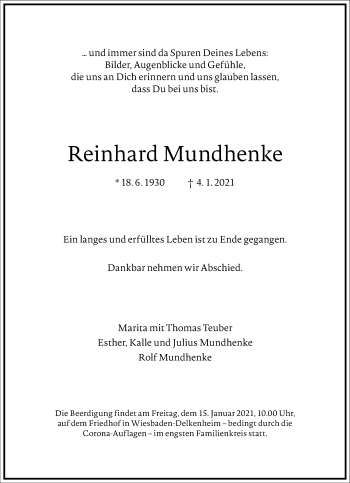 Traueranzeige von Reinhard Mundhenke von Frankfurter Allgemeine Zeitung