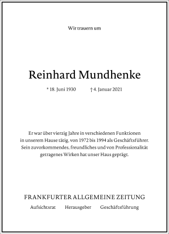 Traueranzeige von Reinhard Mundhenke von Frankfurter Allgemeine Zeitung