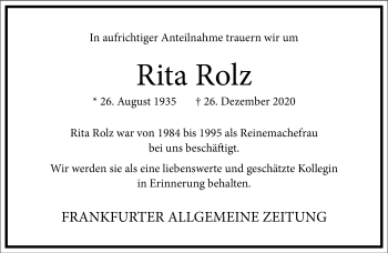 Traueranzeige von Rita Rolz von Frankfurter Allgemeine Zeitung