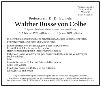 Traueranzeige von Walther  Busse von Colbe von Frankfurter Allgemeine Zeitung