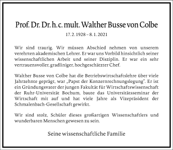 Traueranzeige von Walther  Busse von Colbe von Frankfurter Allgemeine Zeitung