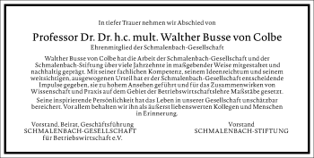 Traueranzeige von Walther Busse von Colbe von Frankfurter Allgemeine Zeitung