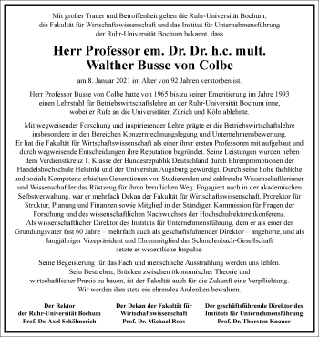 Traueranzeige von Walther  Busse von Colbe von Frankfurter Allgemeine Zeitung