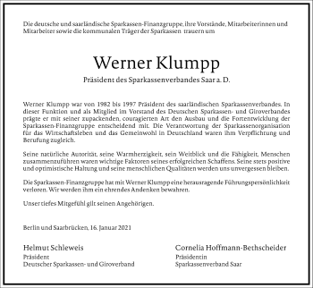 Traueranzeige von Werner Klumpp von Frankfurter Allgemeine Zeitung