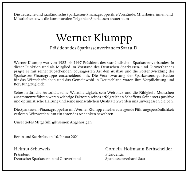  Traueranzeige für Werner Klumpp vom 16.01.2021 aus Frankfurter Allgemeine Zeitung