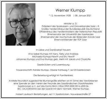 Traueranzeige von Werner Klumpp von Frankfurter Allgemeine Zeitung