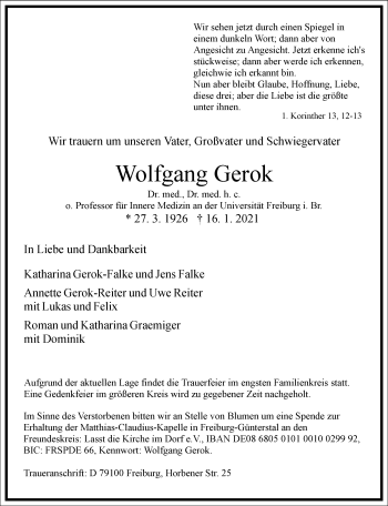 Traueranzeige von Wolfgang Gerok von Frankfurter Allgemeine Zeitung