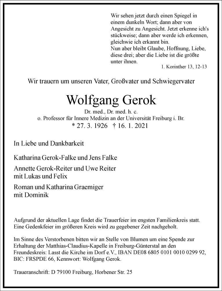  Traueranzeige für Wolfgang Gerok vom 23.01.2021 aus Frankfurter Allgemeine Zeitung