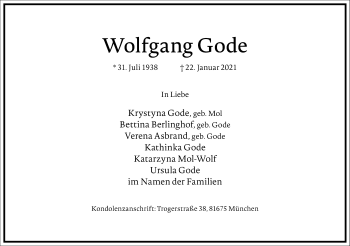 Traueranzeige von Wolfgang Gode von Frankfurter Allgemeine Zeitung