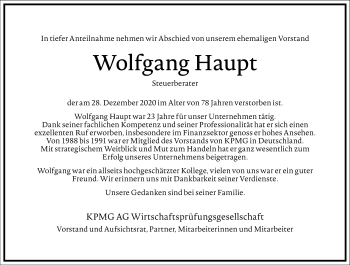 Traueranzeige von Wolfgang Haupt von Frankfurter Allgemeine Zeitung