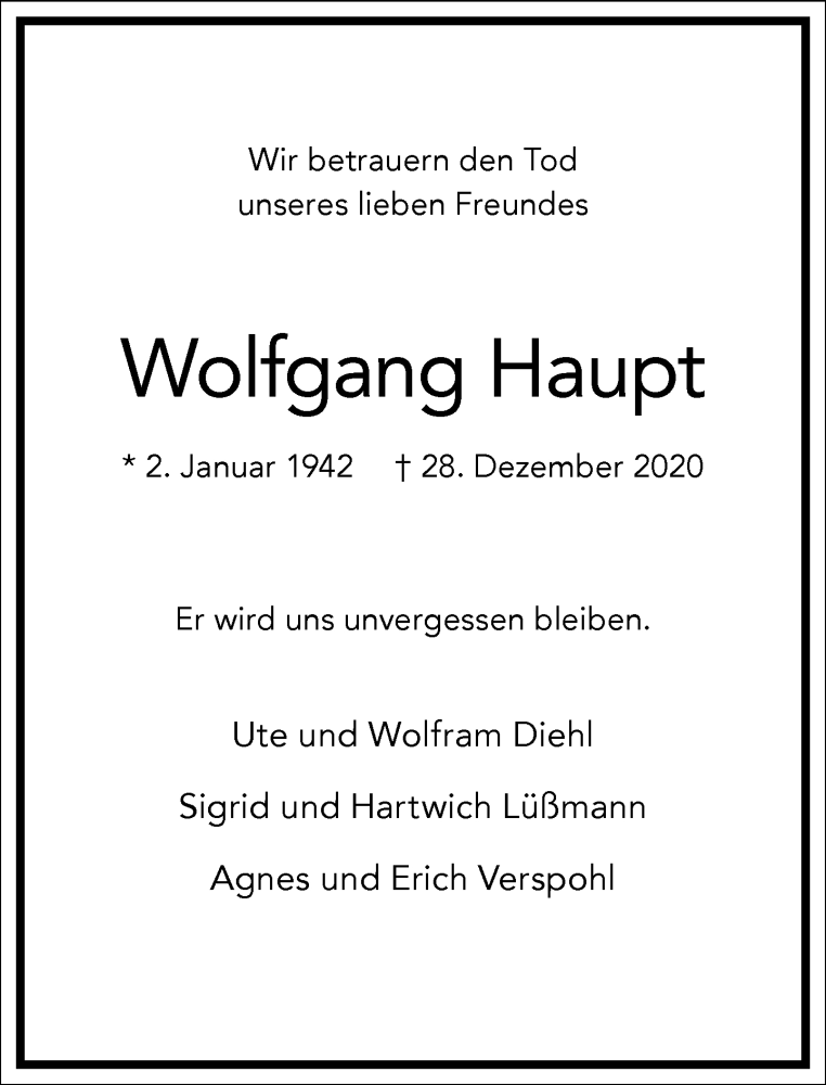  Traueranzeige für Wolfgang Haupt vom 09.01.2021 aus Frankfurter Allgemeine Zeitung