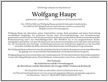 Traueranzeige von Wolfgang Haupt von Frankfurter Allgemeine Zeitung